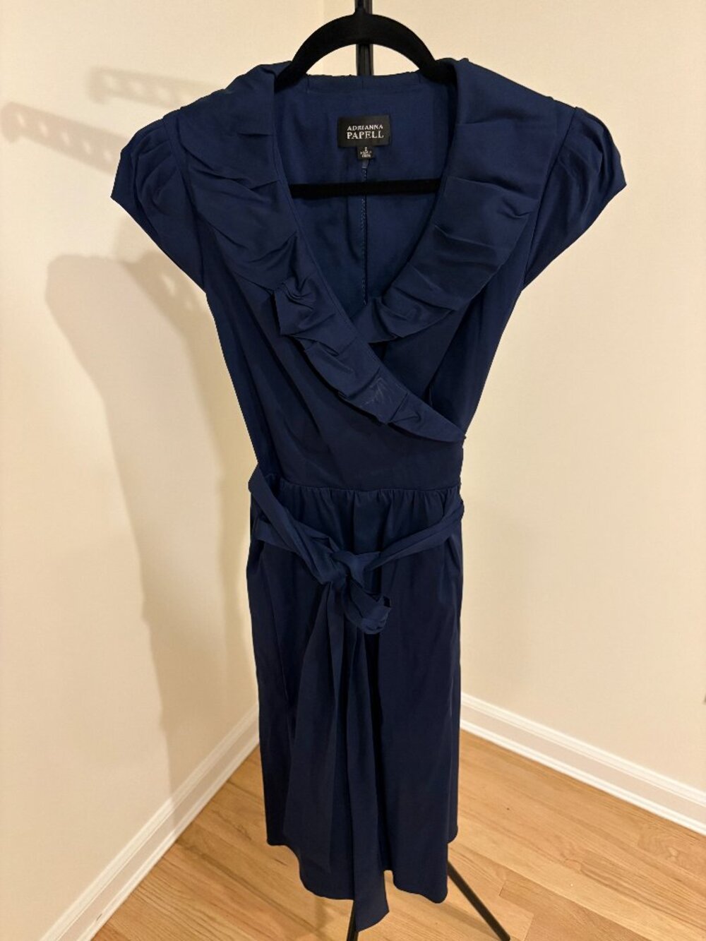 ✨ Adrianna Papell Navy Blue Ruffle-Neck Faux-Wrap with Sash Tie - Size 8
